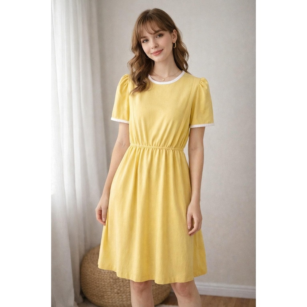 Vtg 70s Checkaberry Yellow Mod Dress‎ ILGWU Union Puff Sleeve Knee Length Sz 14